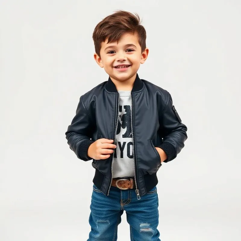 Toddler boy in stylish urban bomber jacket outfit