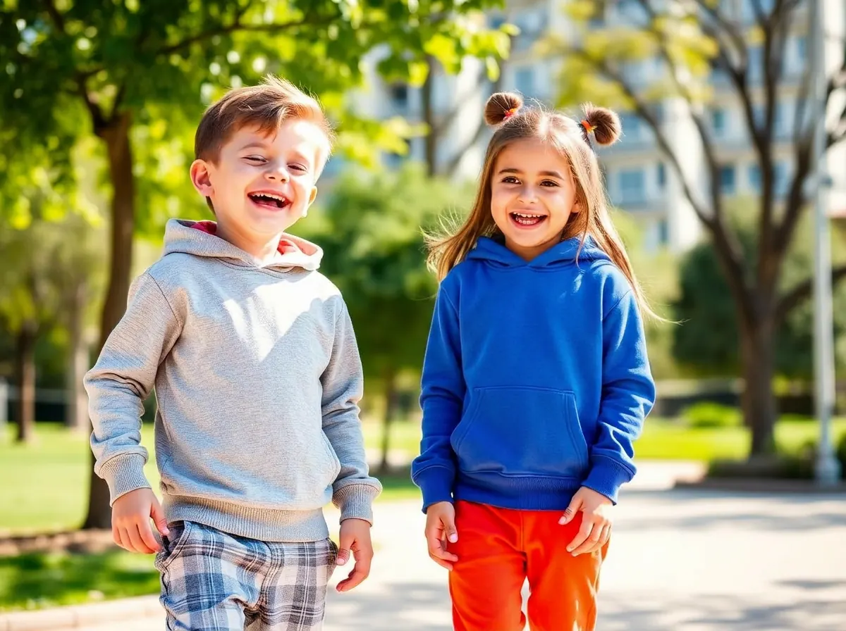 Two happy kids in trendy kids urban fashion outfits laughing together